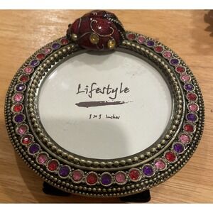 Enamel Ladybug Rhinestone Free Standing Picture Photo Frame 3 X 3 Round Colorful